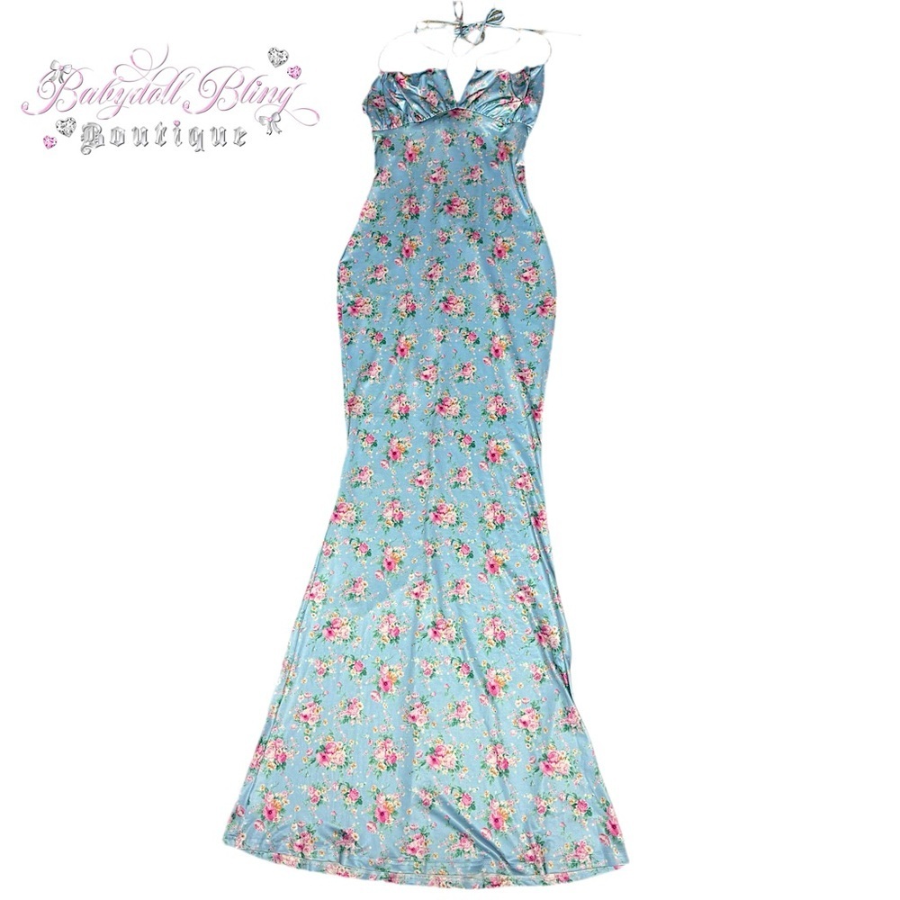 Marthea dress long maxi blue floral pink strap dual straps sexy cute milkmaid